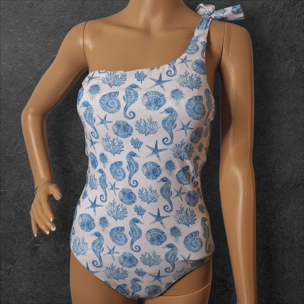 Aqua One-Shoulder Sea Life Print One-Piece in Blue and White